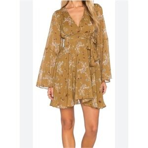Free People Mustard Yellow Floral Bell Sleeve Mini Dress V-Neck Boho Size S